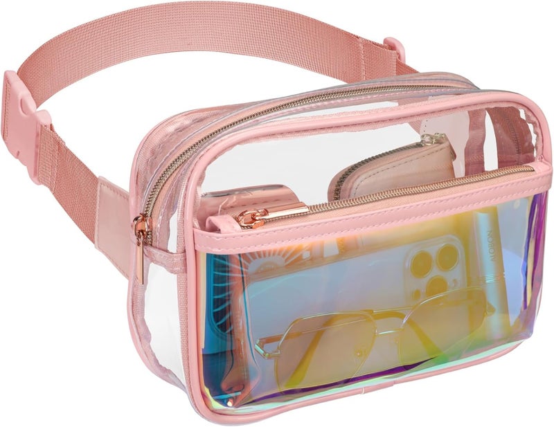 Veckle Holographic Clear Fanny Pack - Plus Size Only 35" - 51" Transparent Belt Bag for Women Crossbody Waist Bag for Festivals, Concerts, Theme Park, Pink - Image 1